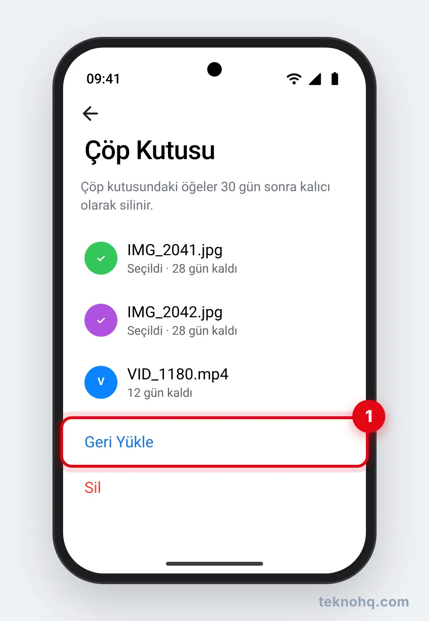 Google Fotoğraflar Çöp Kutusu'nda Geri Yükle düğmesi