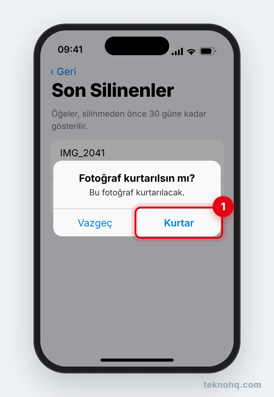 iPhone'da Son Silinenler'den fotoğraf kurtarma onayı