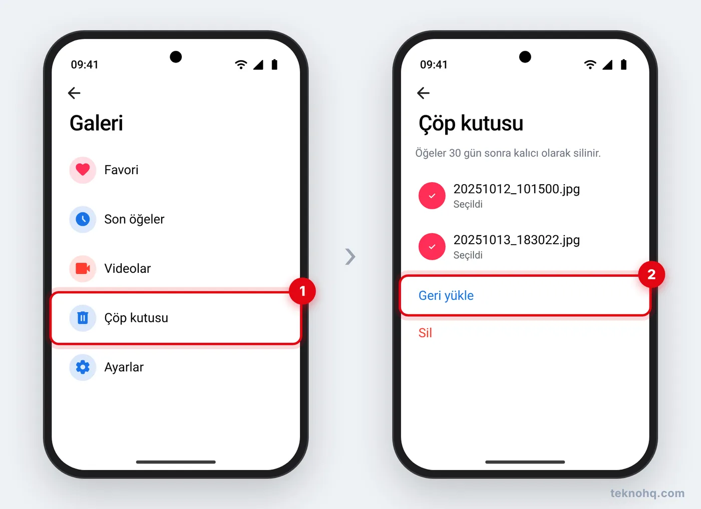 Samsung Galeri'de Menü > Çöp kutusu