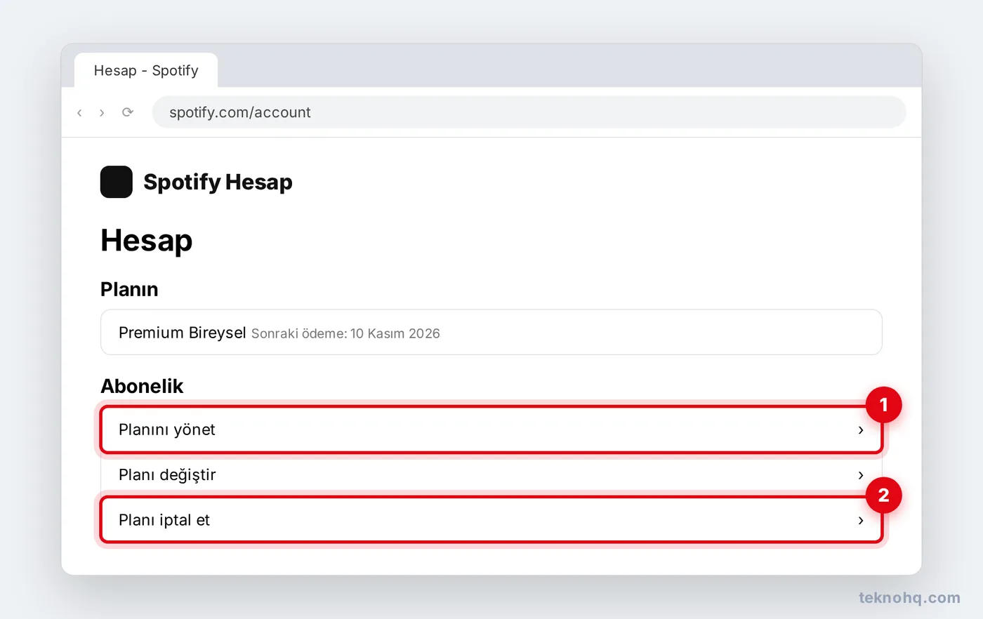 Spotify hesap sayfasında Planını yönet ve Planı iptal et