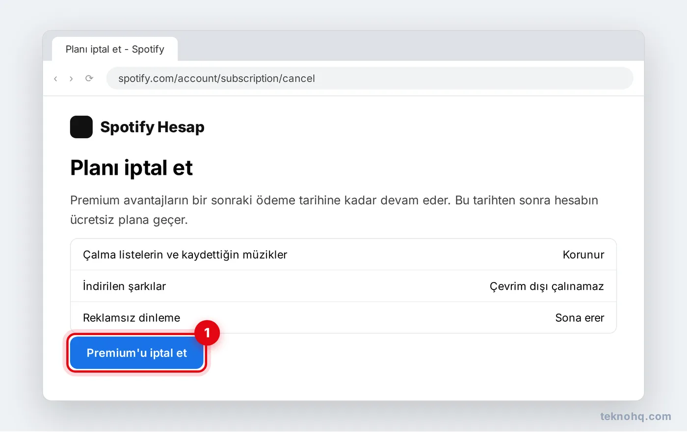 Spotify Premium iptal onay ekranı
