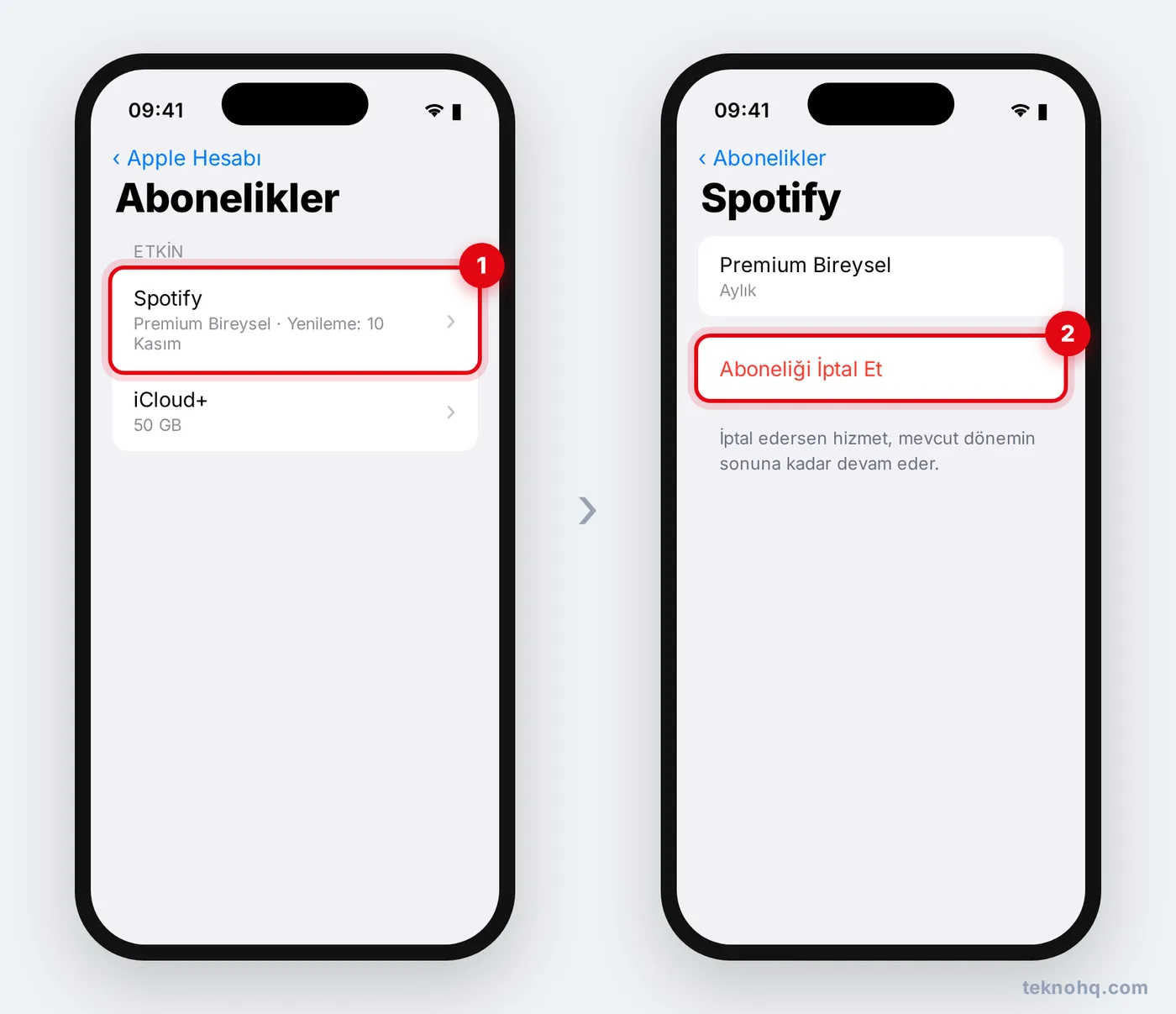 iPhone'da Ayarlar > Abonelikler > Spotify > Aboneliği İptal Et