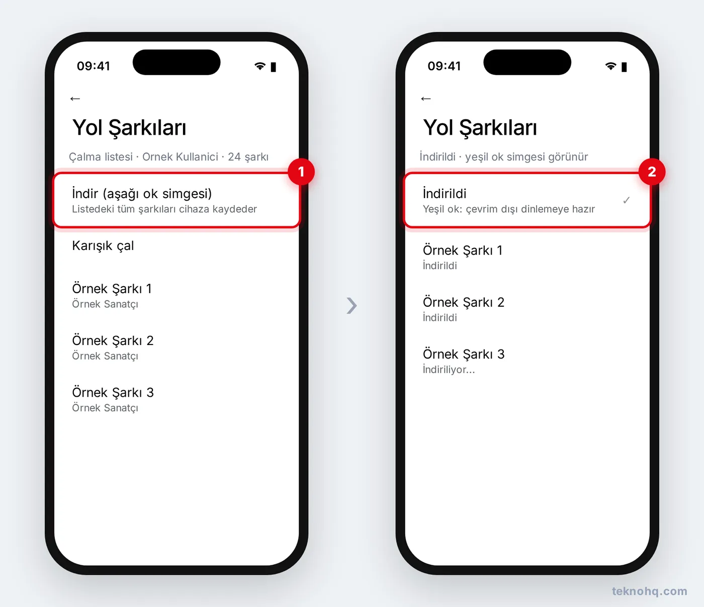 Spotify'da çalma listesini indirme: aşağı ok simgesi ve indirildi göstergesi