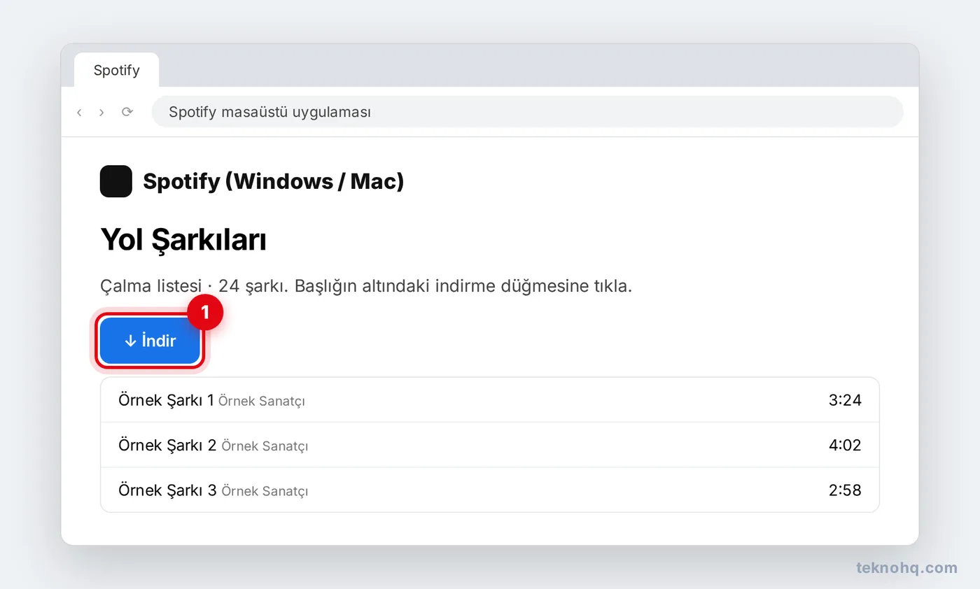 Spotify masaüstü uygulamasında çalma listesi indirme düğmesi