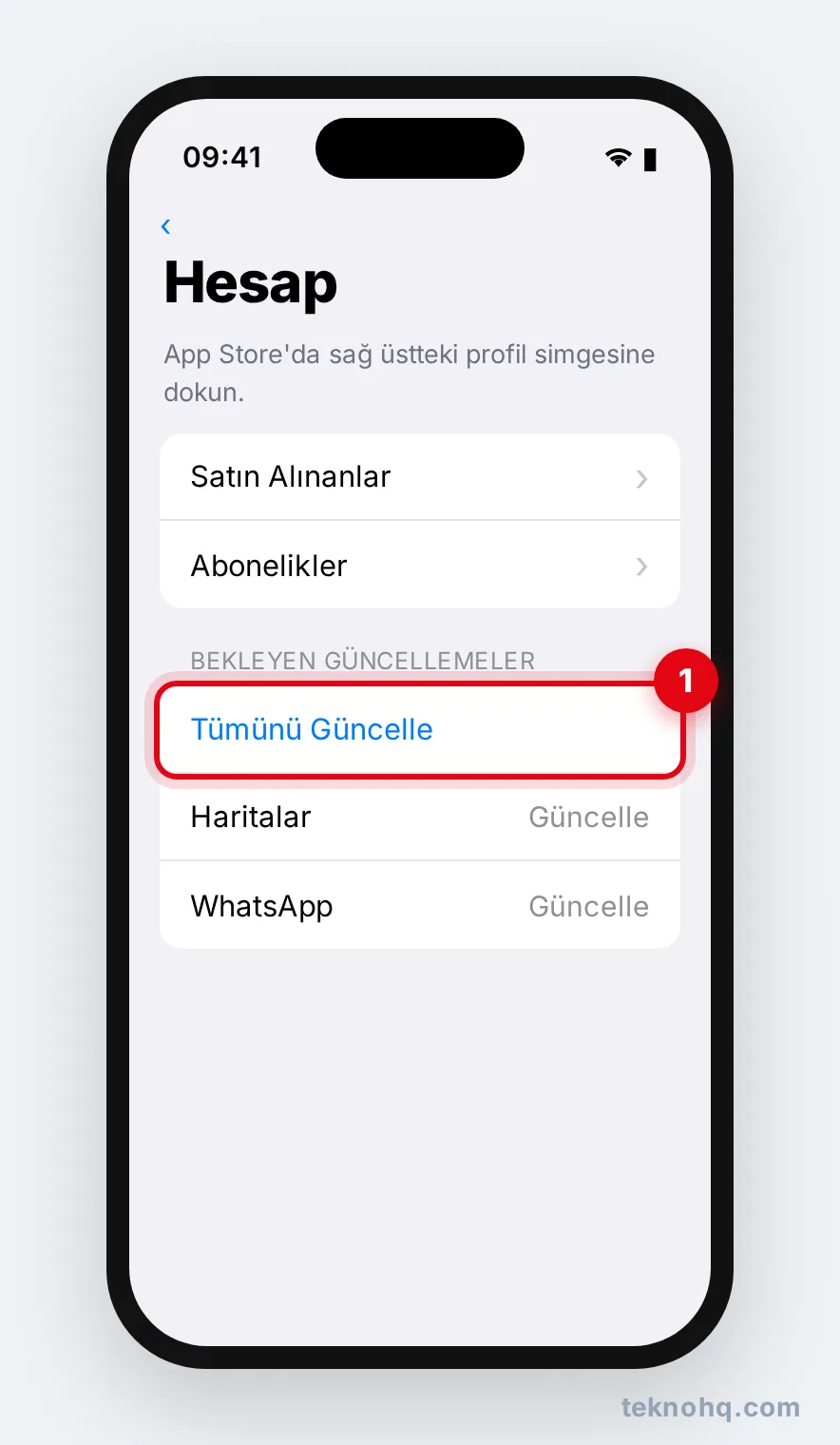 App Store hesap sayfasında Tümünü Güncelle