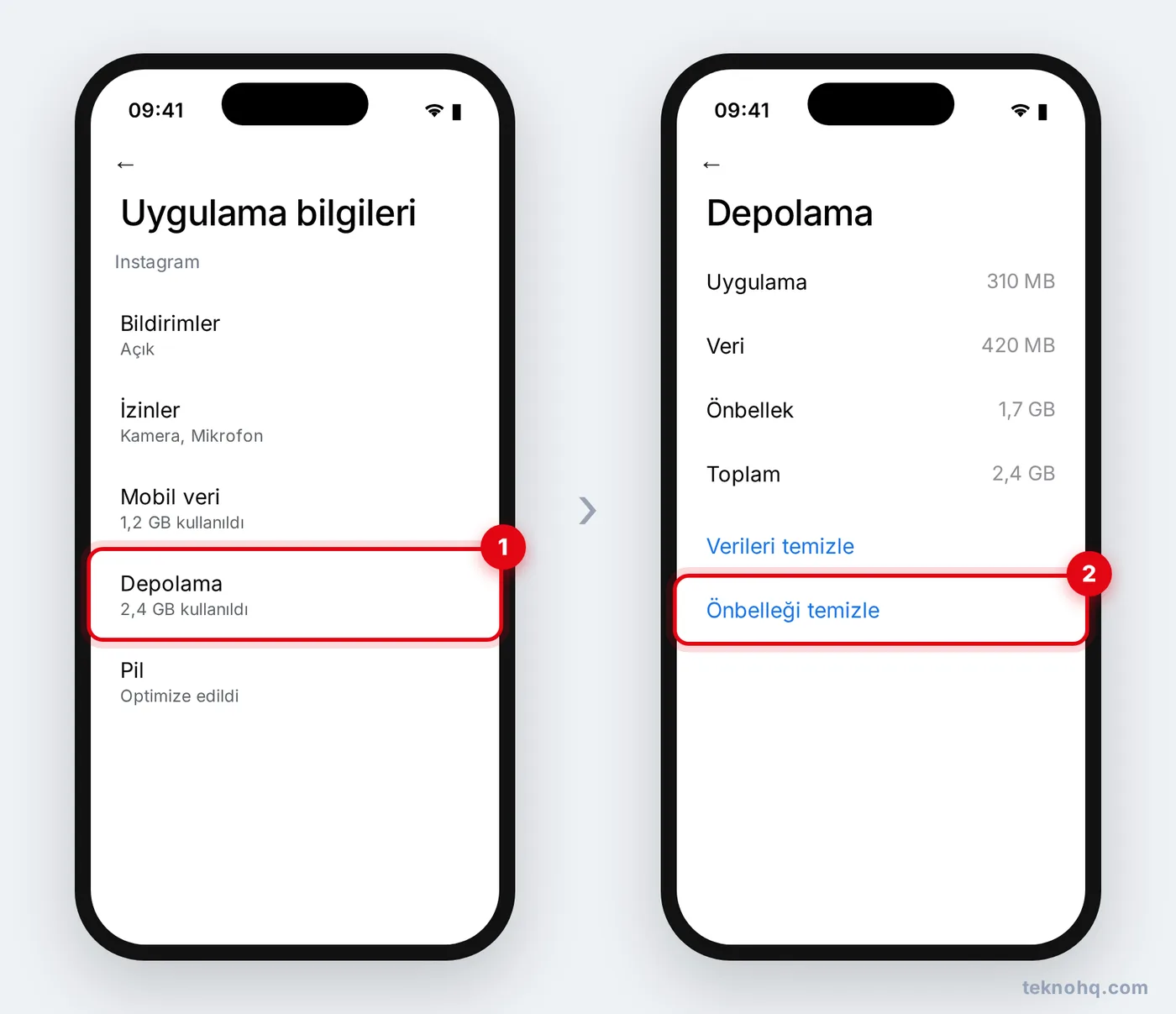 Android'de Uygulama bilgileri > Depolama > Önbelleği temizle