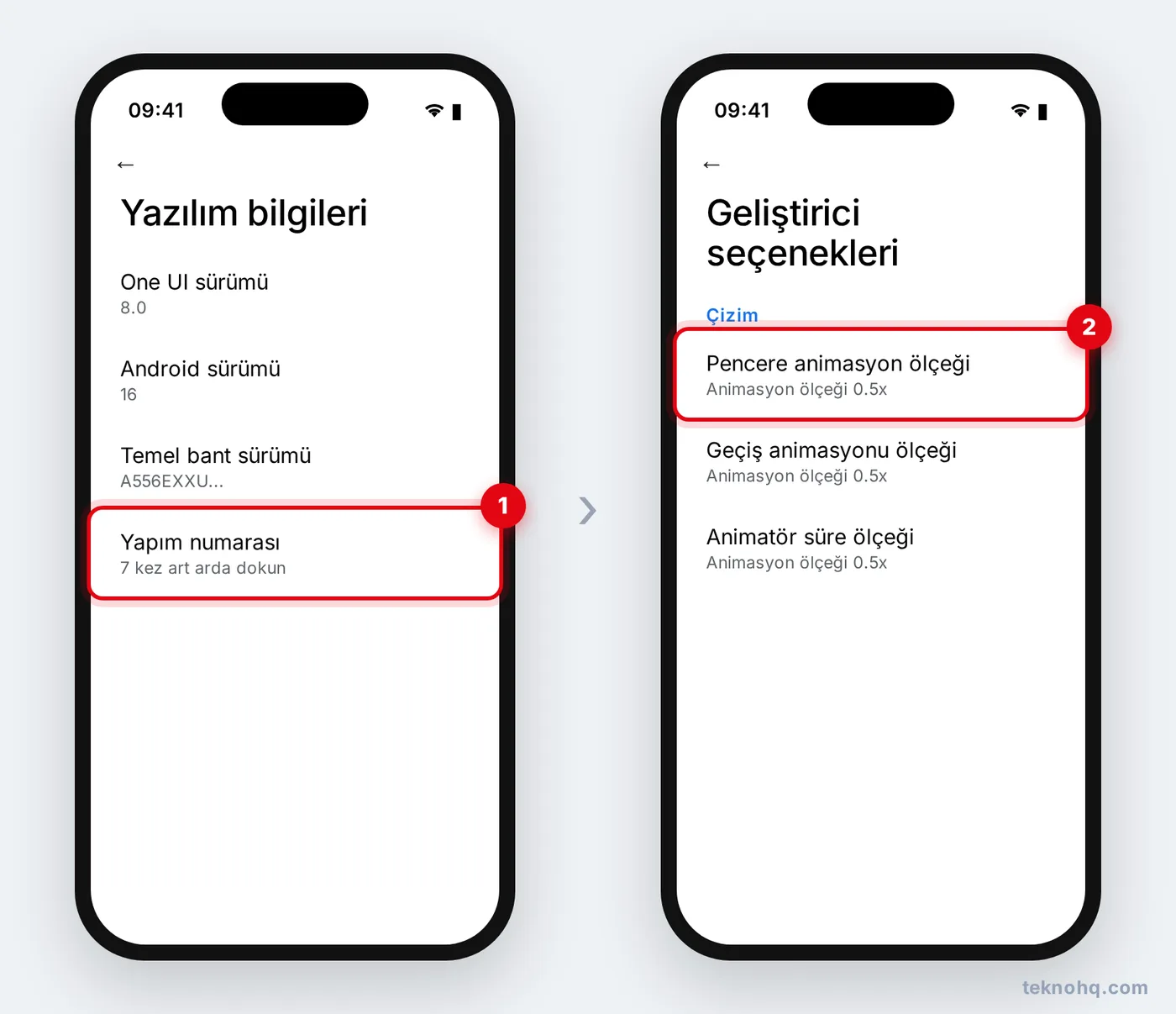 Android'de Yapım numarası ve Geliştirici seçenekleri animasyon ölçeği