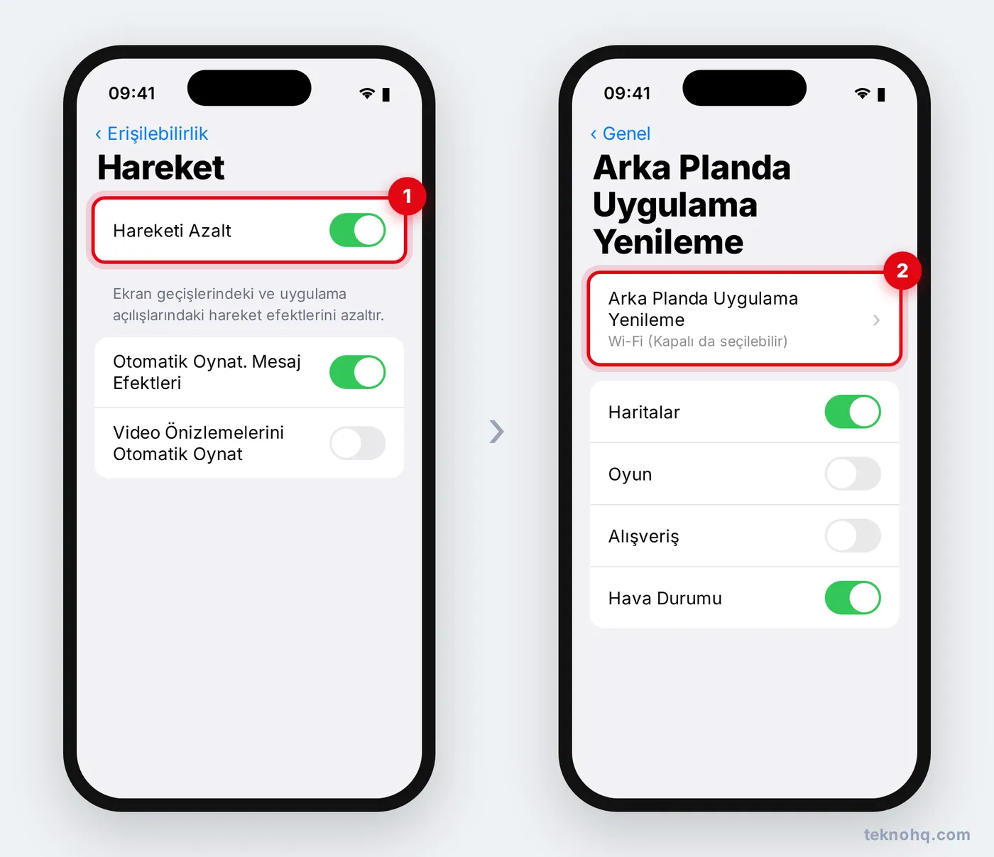 iPhone'da Hareketi Azalt ve Arka Planda Uygulama Yenileme ayarları