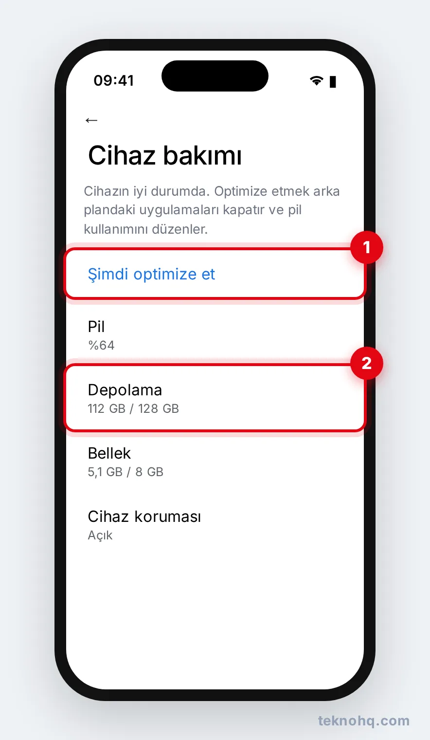 Samsung'da Cihaz bakımı > Şimdi optimize et
