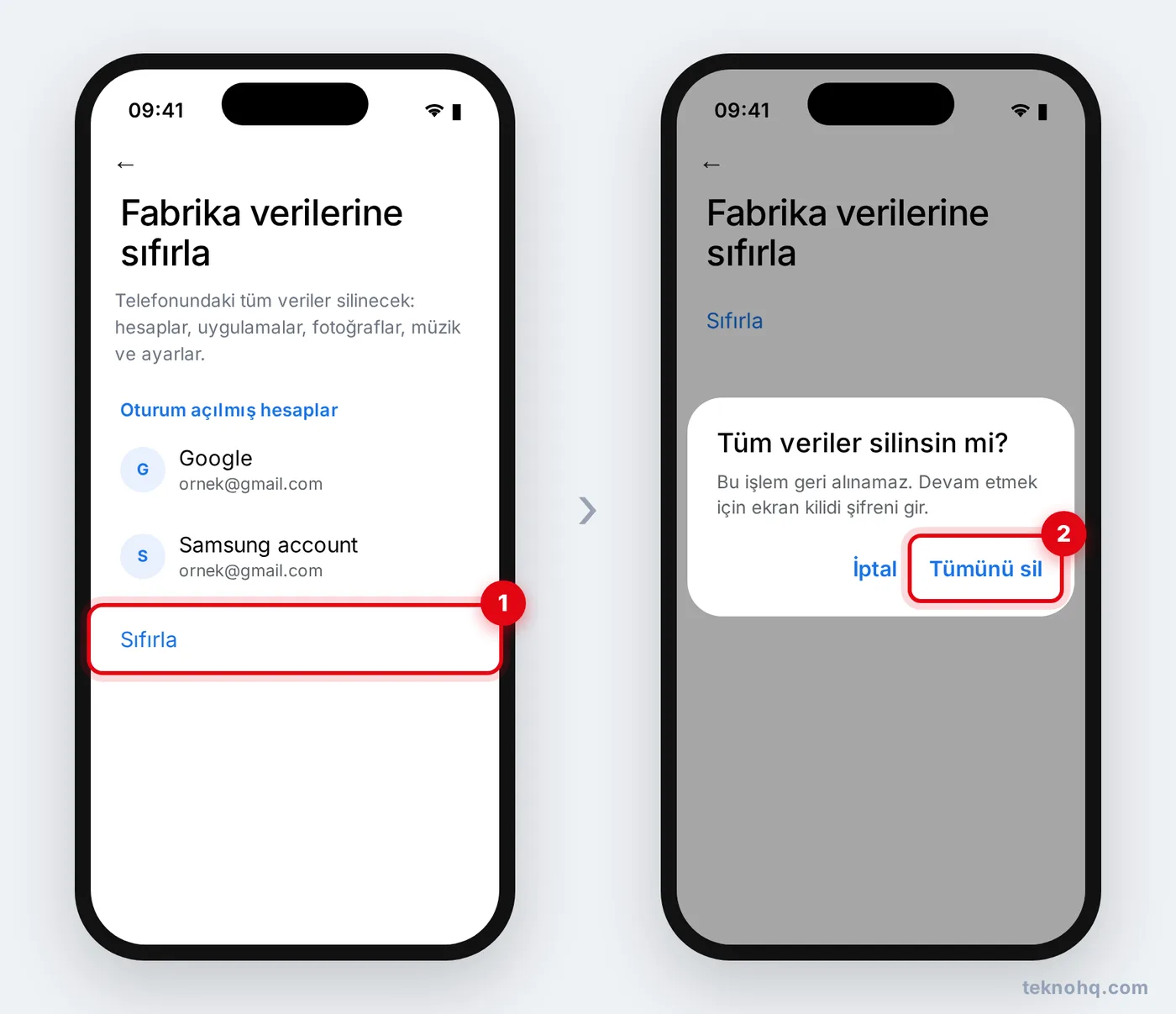 Samsung'da Sıfırla ve Tümünü sil onayı