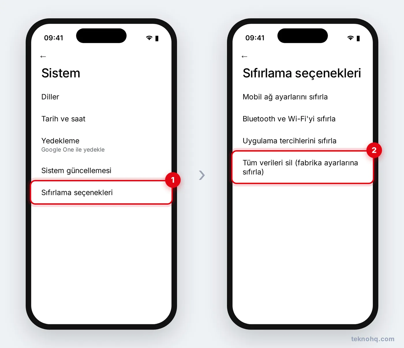 Android'de Sistem > Sıfırlama seçenekleri > Tüm verileri sil