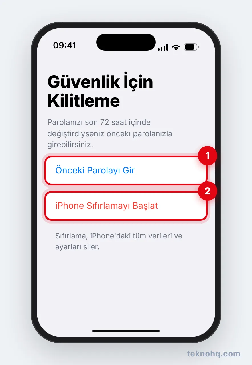 Güvenlik İçin Kilitleme ekranı: Önceki Parolayı Gir ve iPhone Sıfırlamayı Başlat