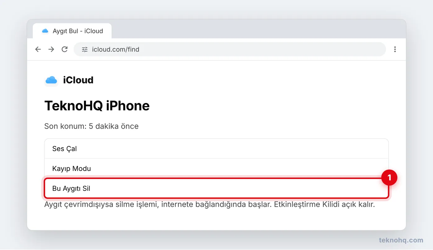icloud.com/find üzerinde Bu Aygıtı Sil