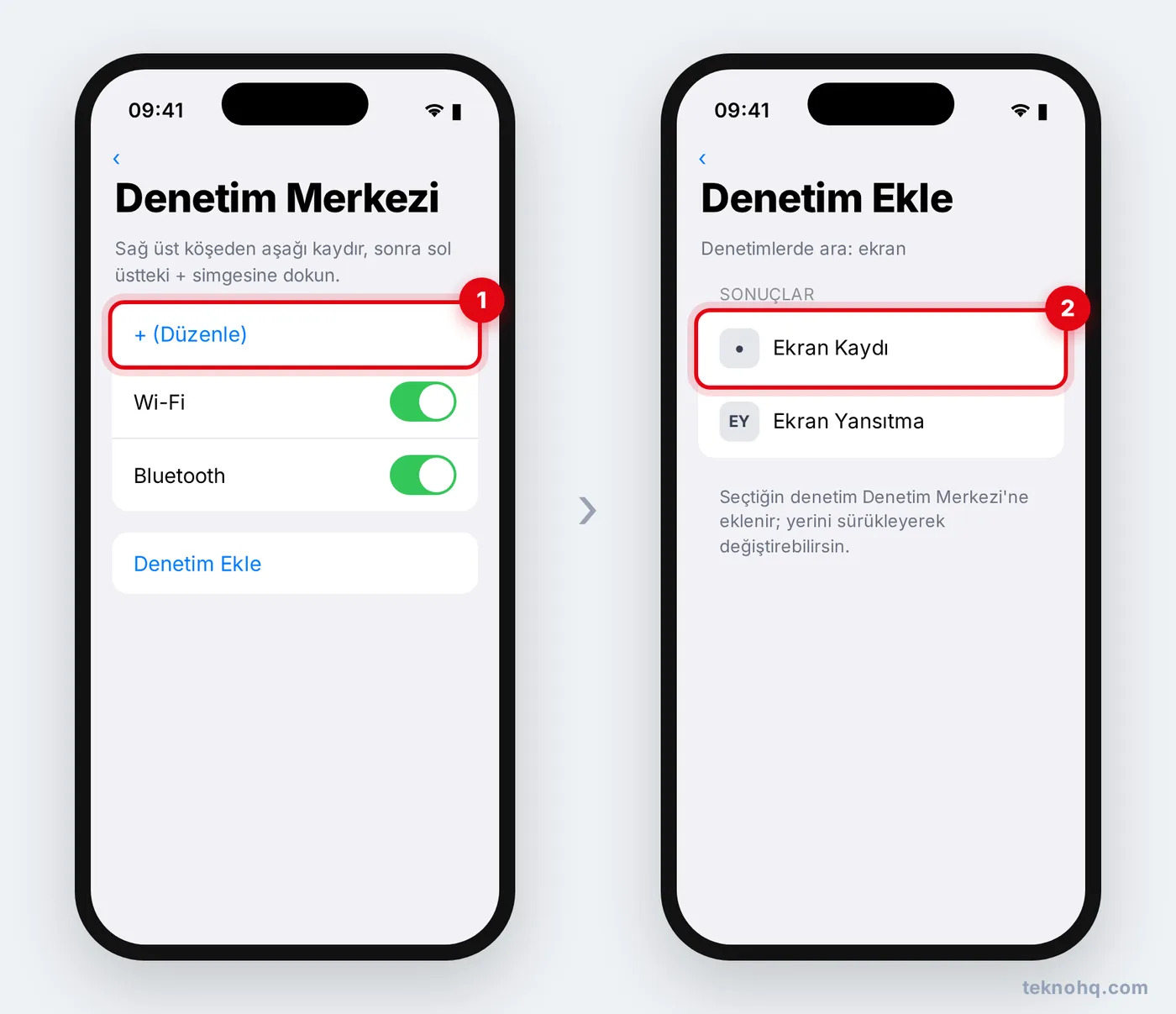 iPhone'da Denetim Merkezi > + > Denetim Ekle > Ekran Kaydı
