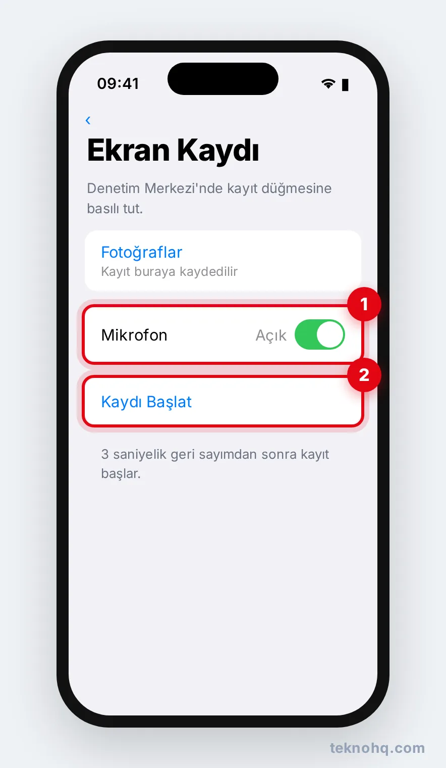 iPhone'da ekran kaydı: Mikrofon açık ve Kaydı Başlat