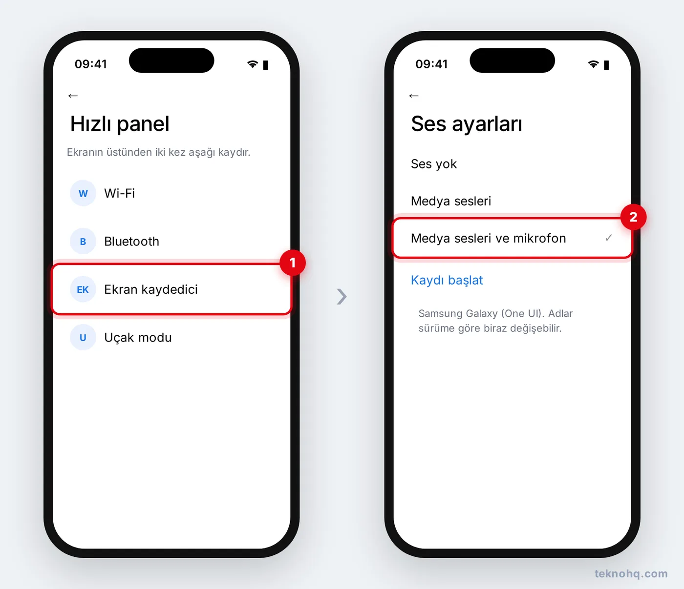 Samsung'da hızlı panel > Ekran kaydedici ve ses ayarları