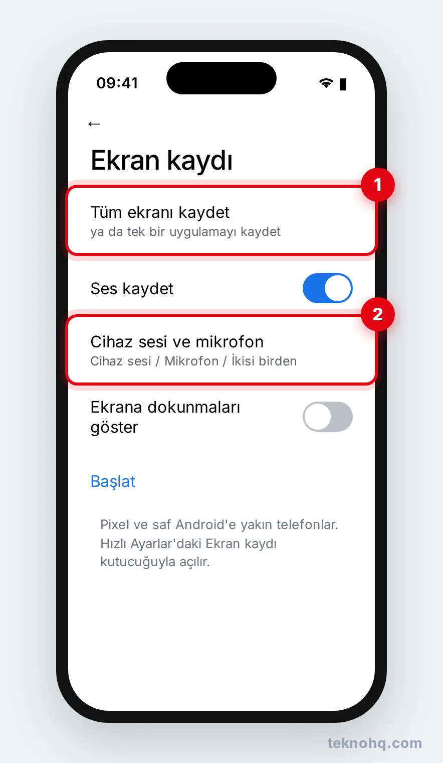 Pixel ve Android'de ekran kaydı: ses kaynağı ve kayıt alanı seçimi