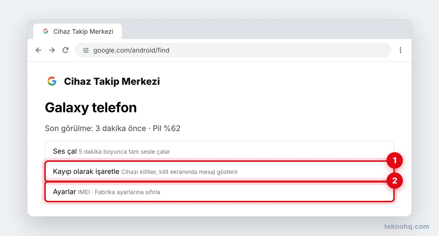 Cihaz Takip Merkezi'nde Ses çal, Kayıp olarak işaretle ve sıfırlama seçenekleri