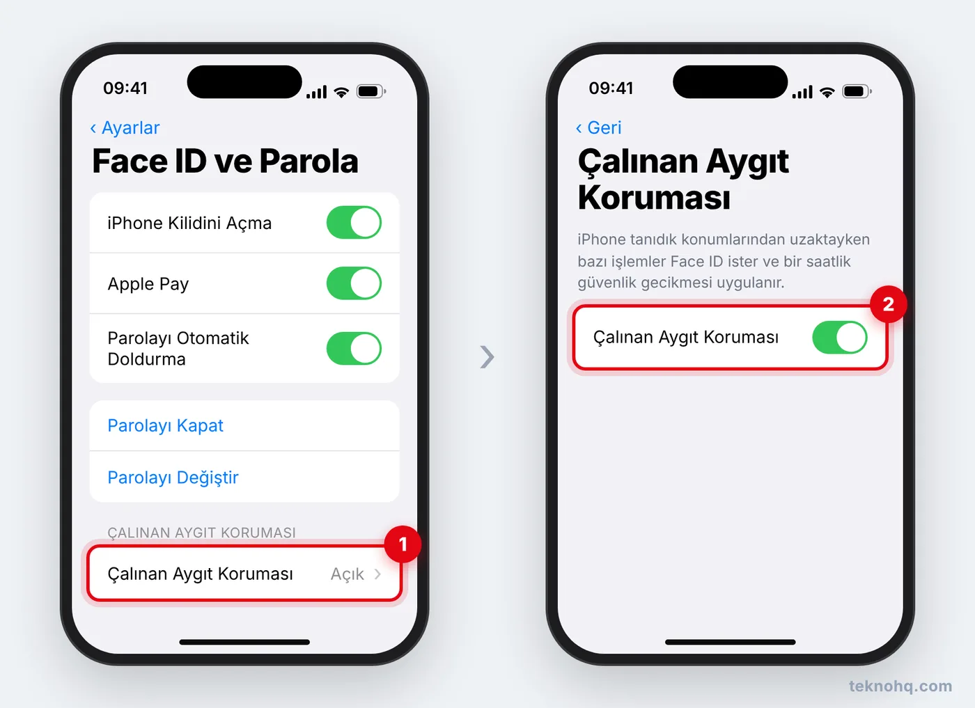 iPhone'da Ayarlar > Face ID ve Parola > Çalınan Aygıt Koruması