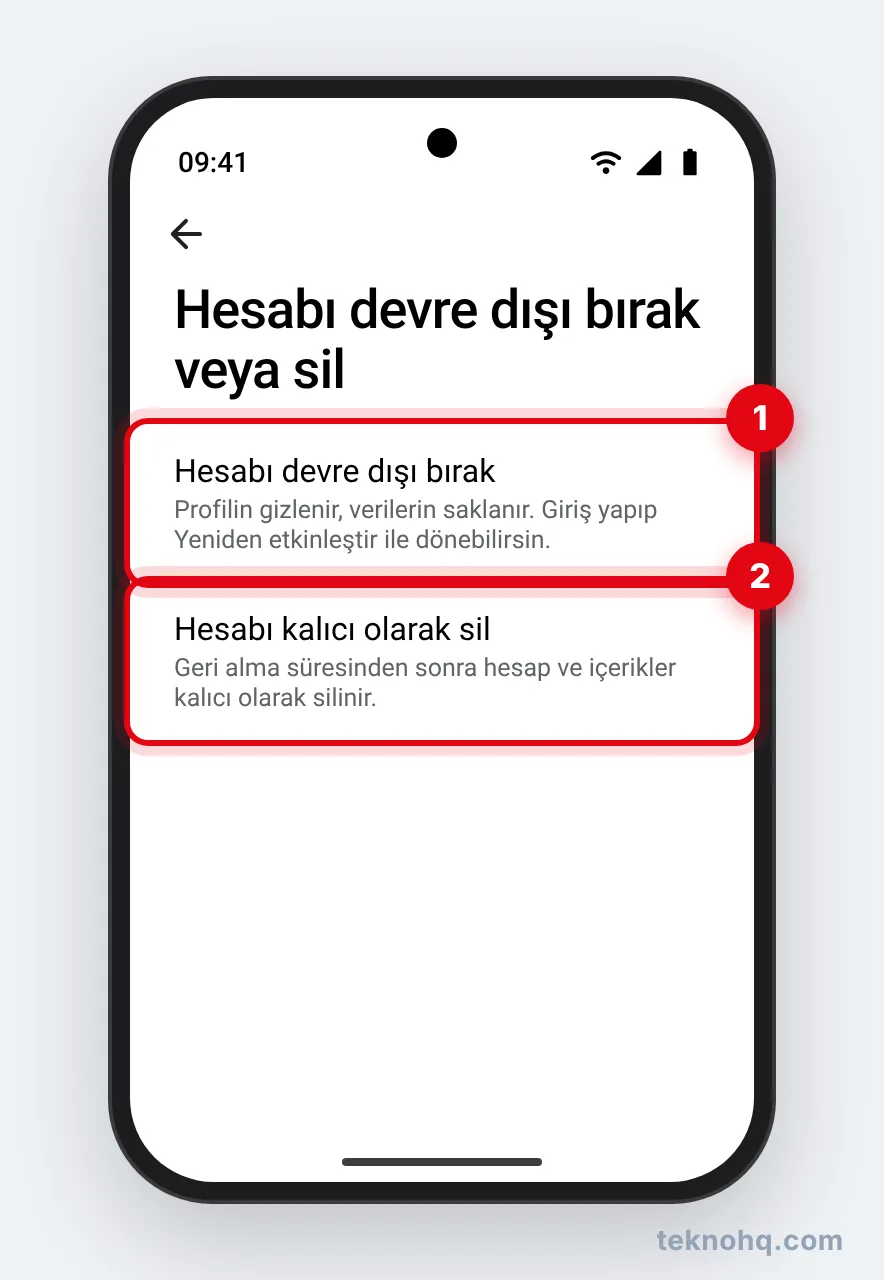Hesabı devre dışı bırak veya sil ekranındaki iki seçenek