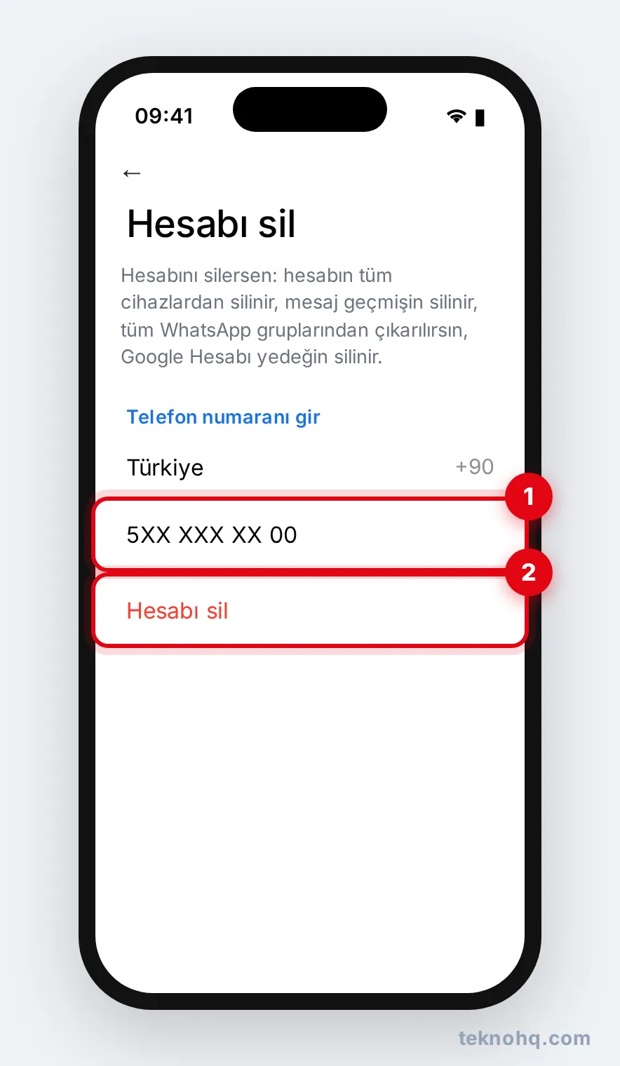 Hesabı sil ekranında telefon numarası girme
