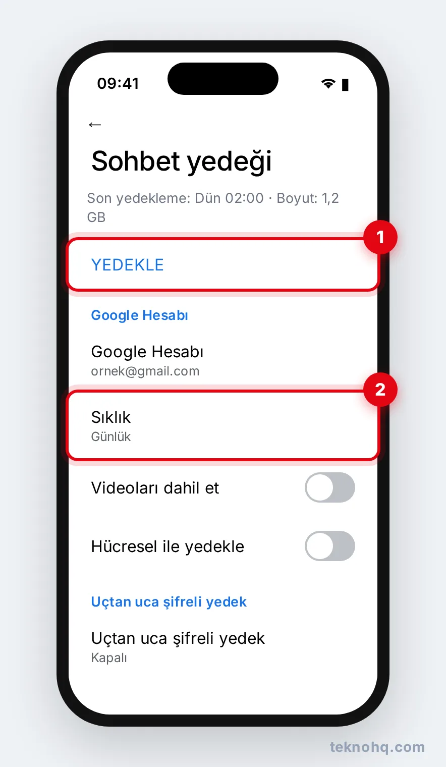 Android'de Sohbet yedeği ekranı: Yedekle düğmesi ve sıklık ayarı