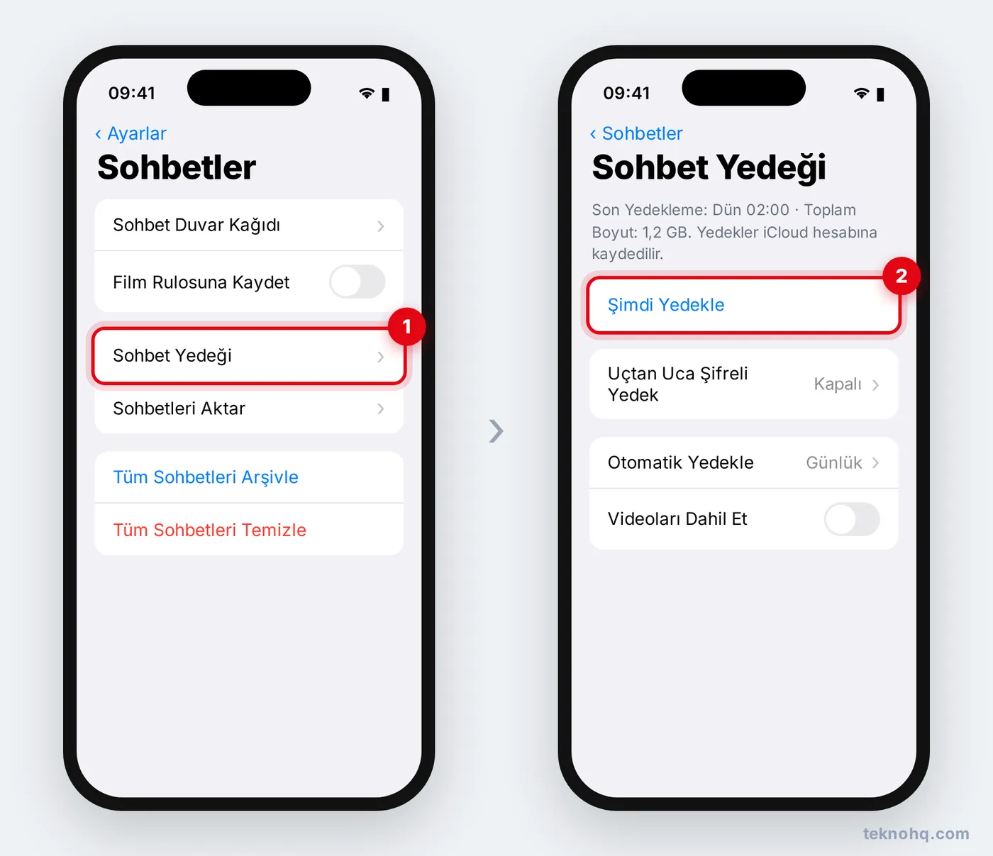 iPhone'da WhatsApp Sohbetler > Sohbet Yedeği > Şimdi Yedekle