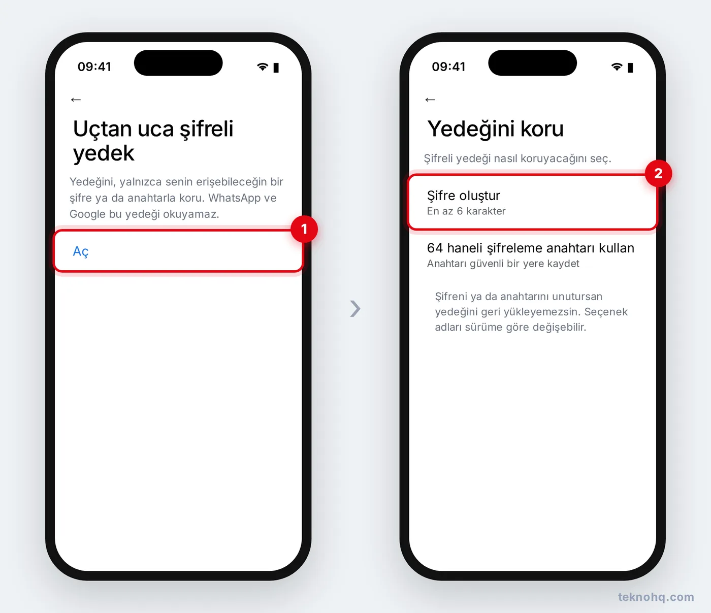 Uçtan uca şifreli yedeği açma ve şifre seçme ekranı