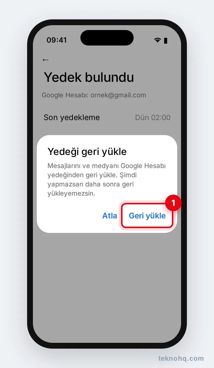 Yeni telefonda Yedeği geri yükle penceresi