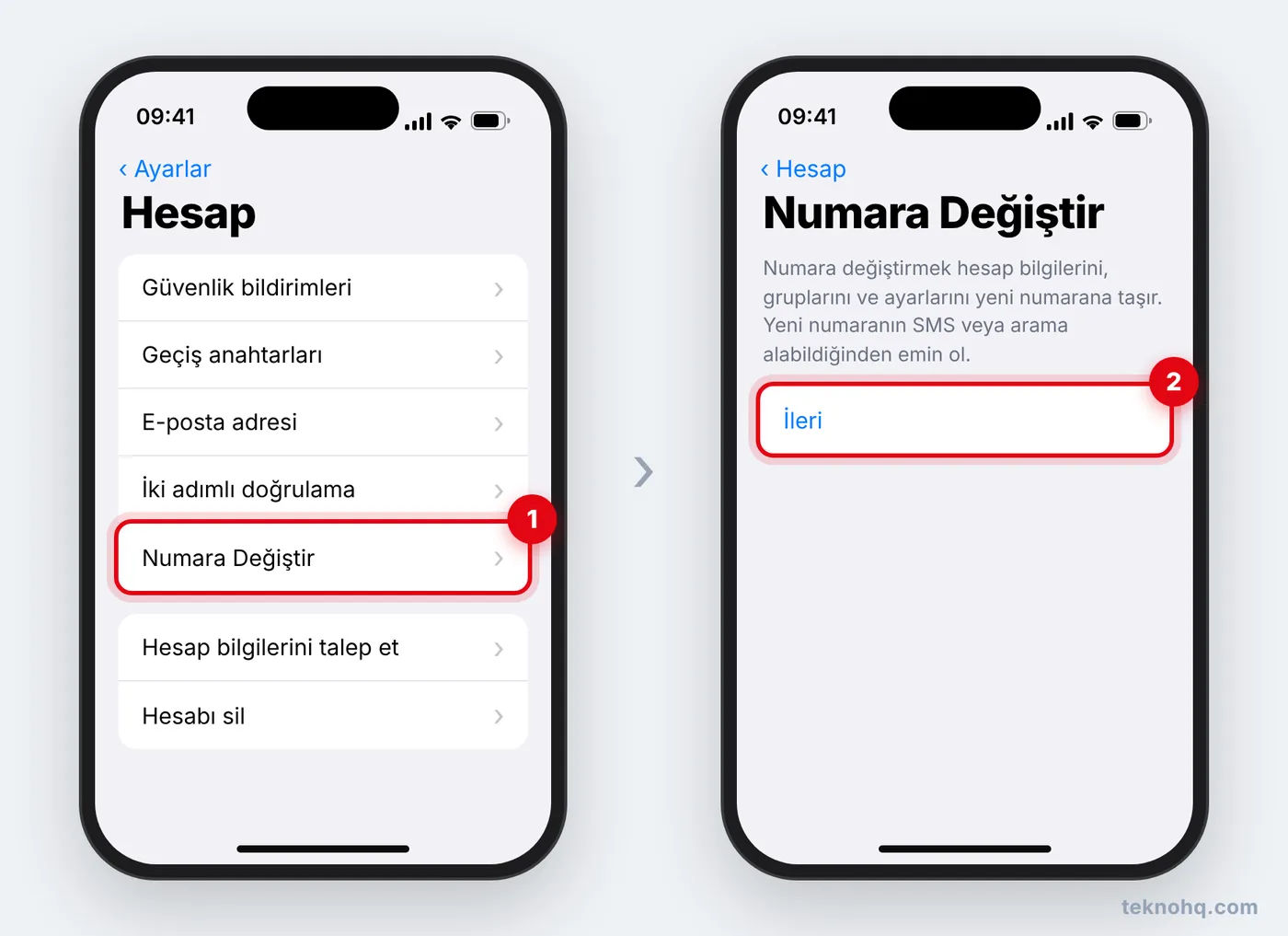 iPhone'da WhatsApp Ayarlar > Hesap > Numara Değiştir