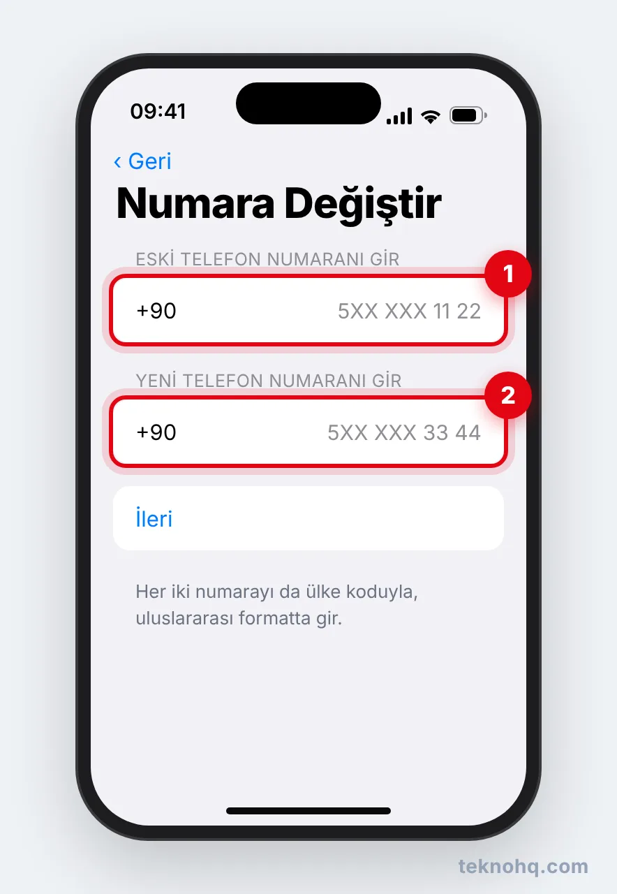 Eski ve yeni telefon numarasını girme ekranı