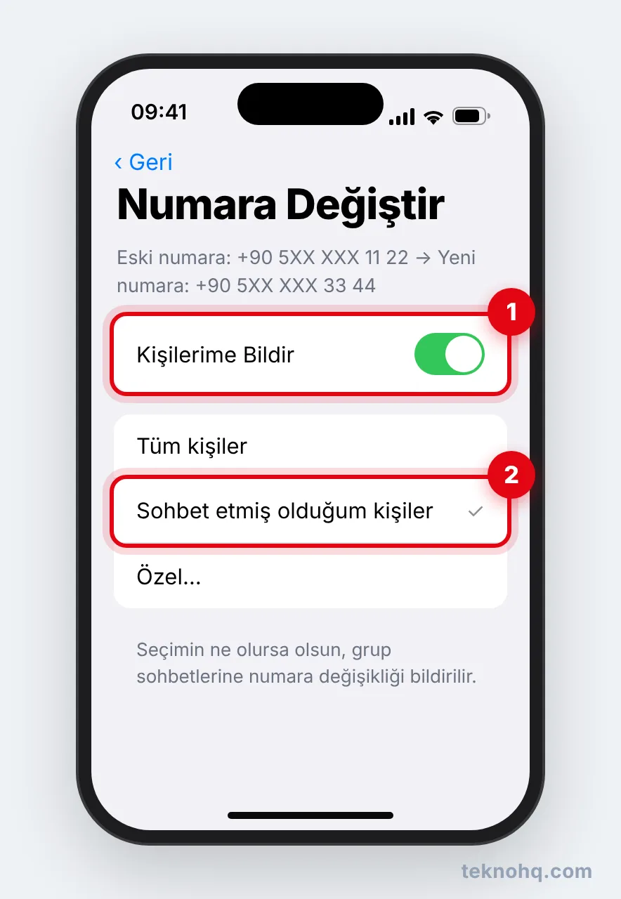 Kişilerime Bildir seçenekleri