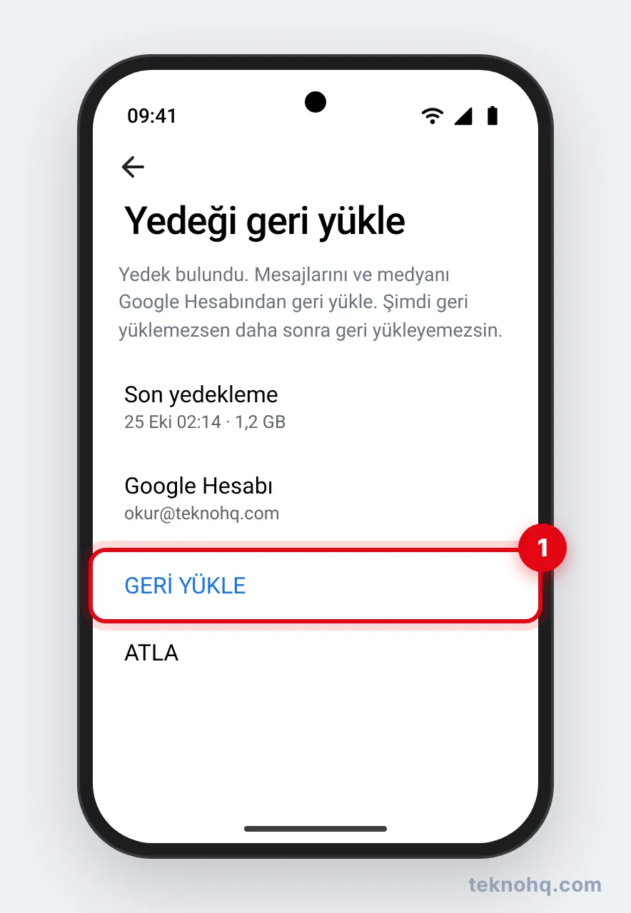 Android'de WhatsApp kurulumunda Yedeği geri yükle ekranı