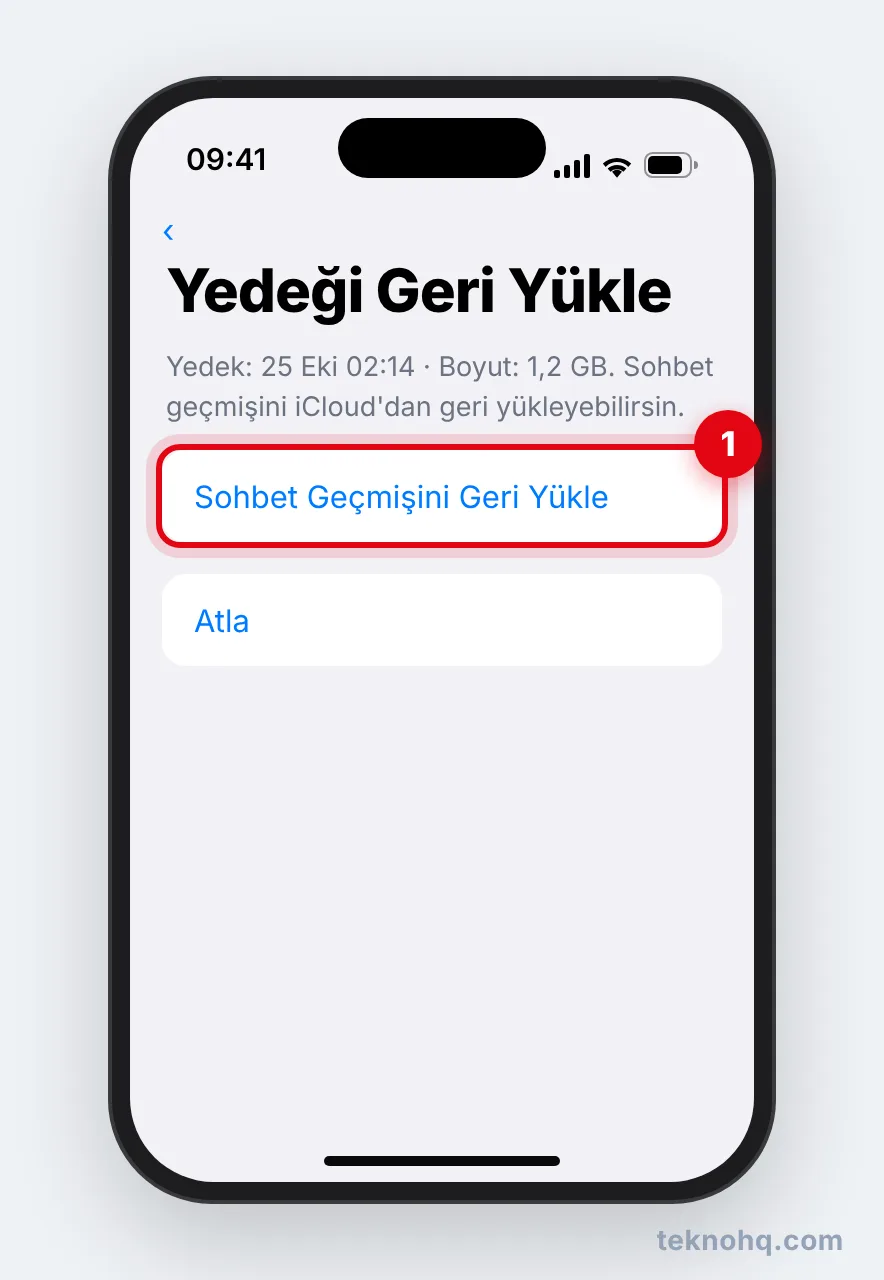 iPhone'da WhatsApp kurulumunda Sohbet Geçmişini Geri Yükle ekranı