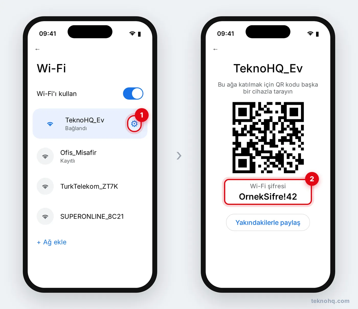 Android'de Wi-Fi paylaşım ekranı, QR kod ve şifre