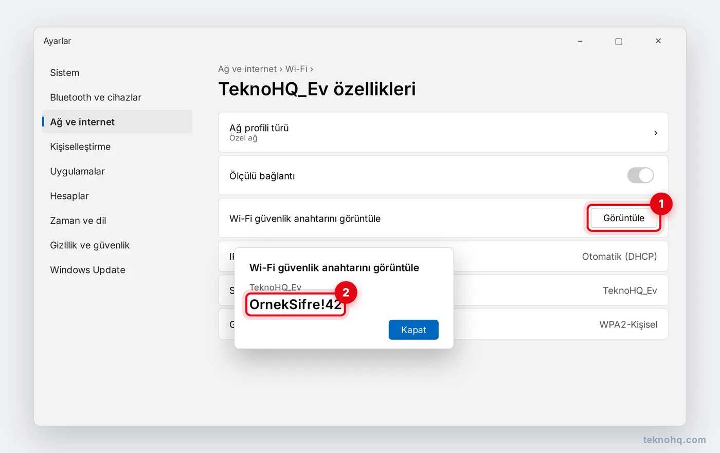 Windows 11'de Wi-Fi güvenlik anahtarını görüntüle penceresi