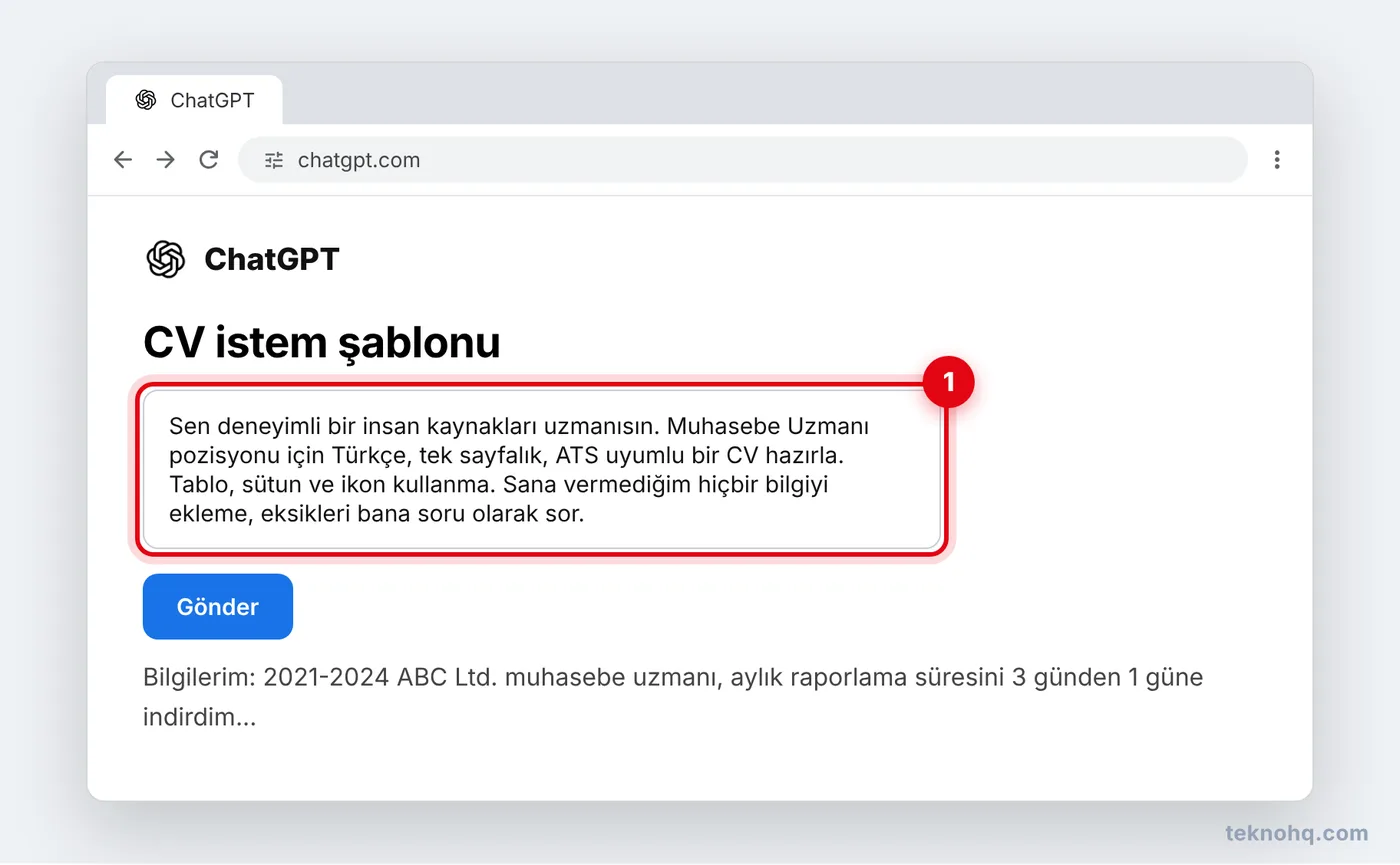 ChatGPT'de CV istem şablonunun yazıldığı ekran
