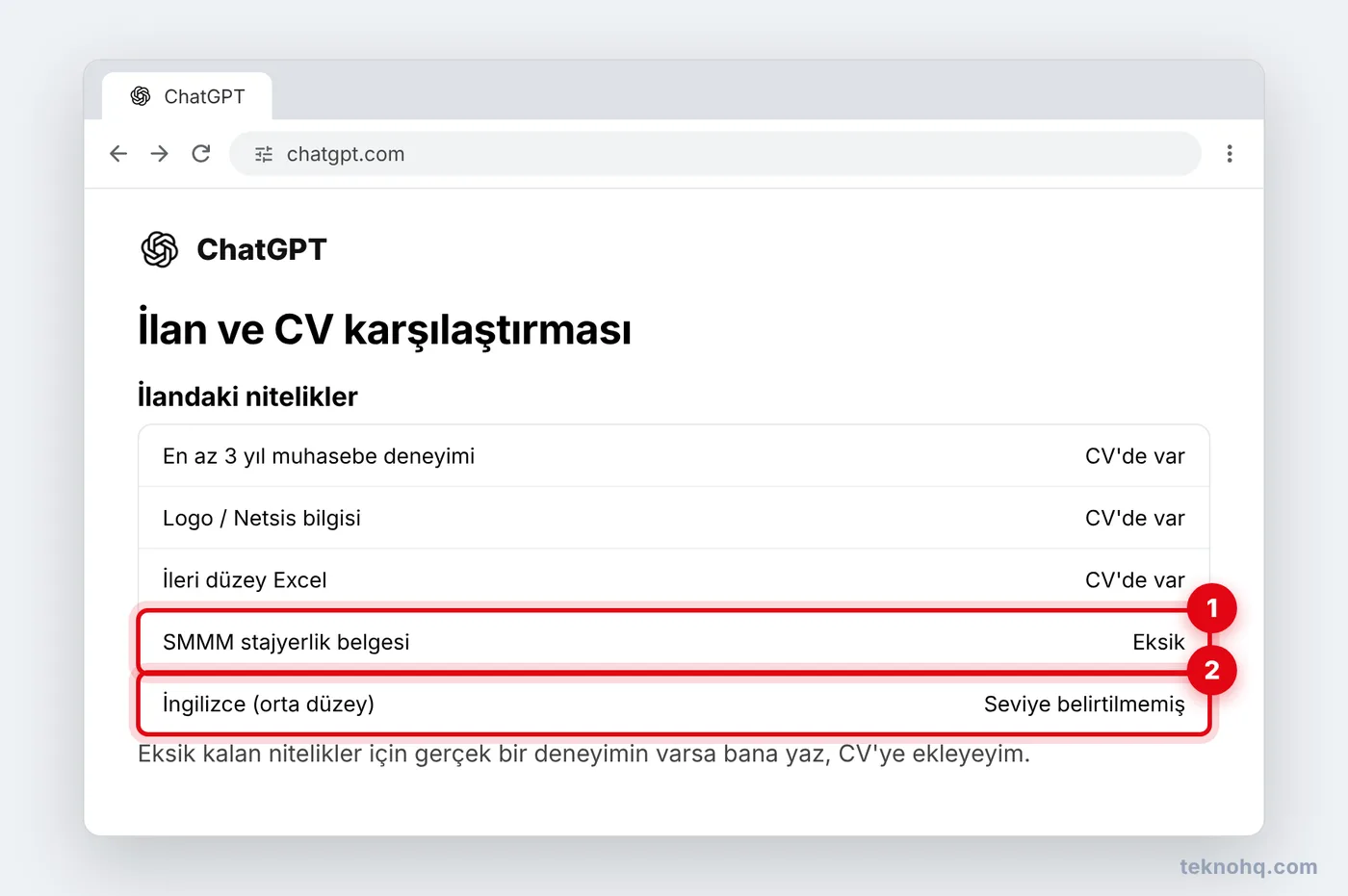 İlan ile CV karşılaştırması: eşleşen ve eksik nitelikler