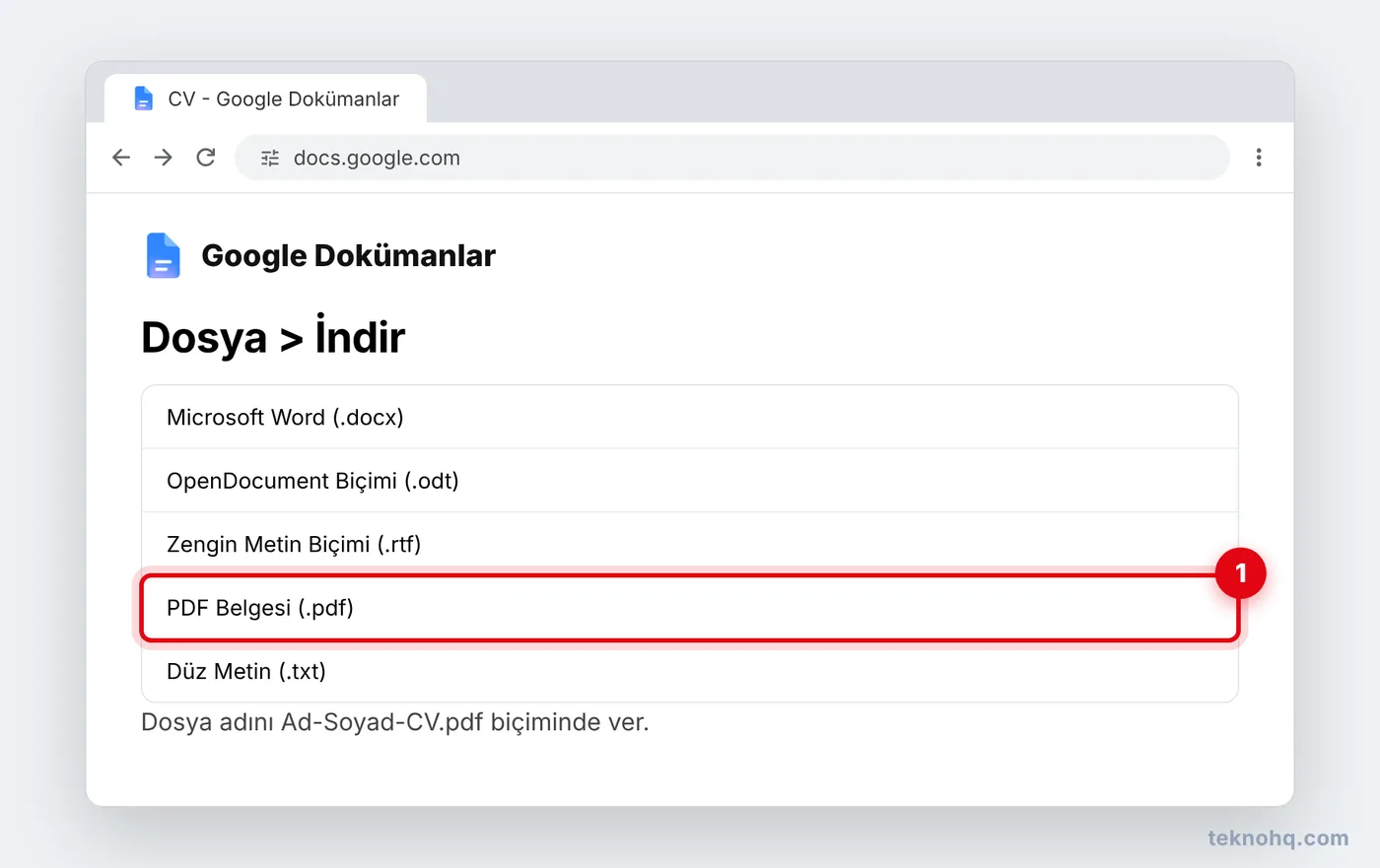 Google Dokümanlar'da Dosya > İndir > PDF Belgesi