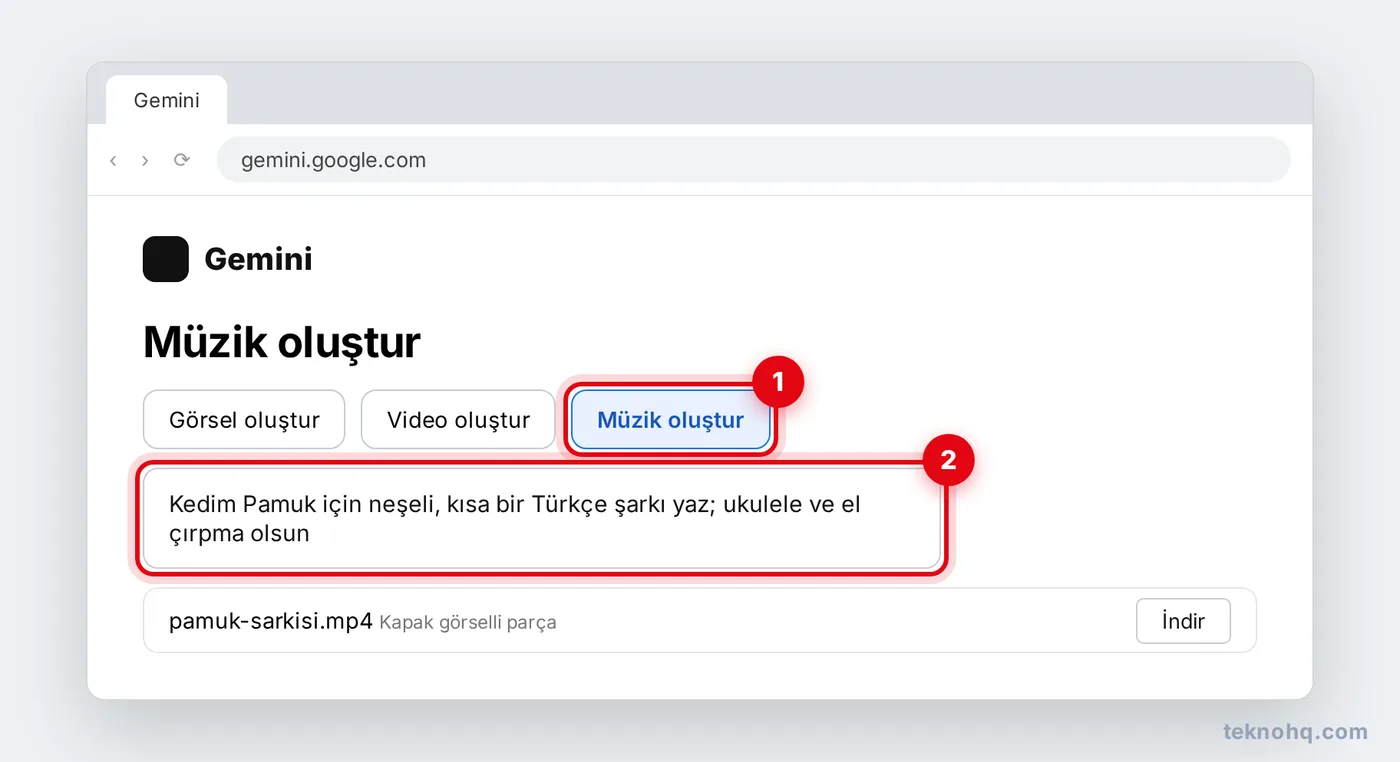 Gemini'de Müzik oluştur aracıyla Türkçe şarkı isteme