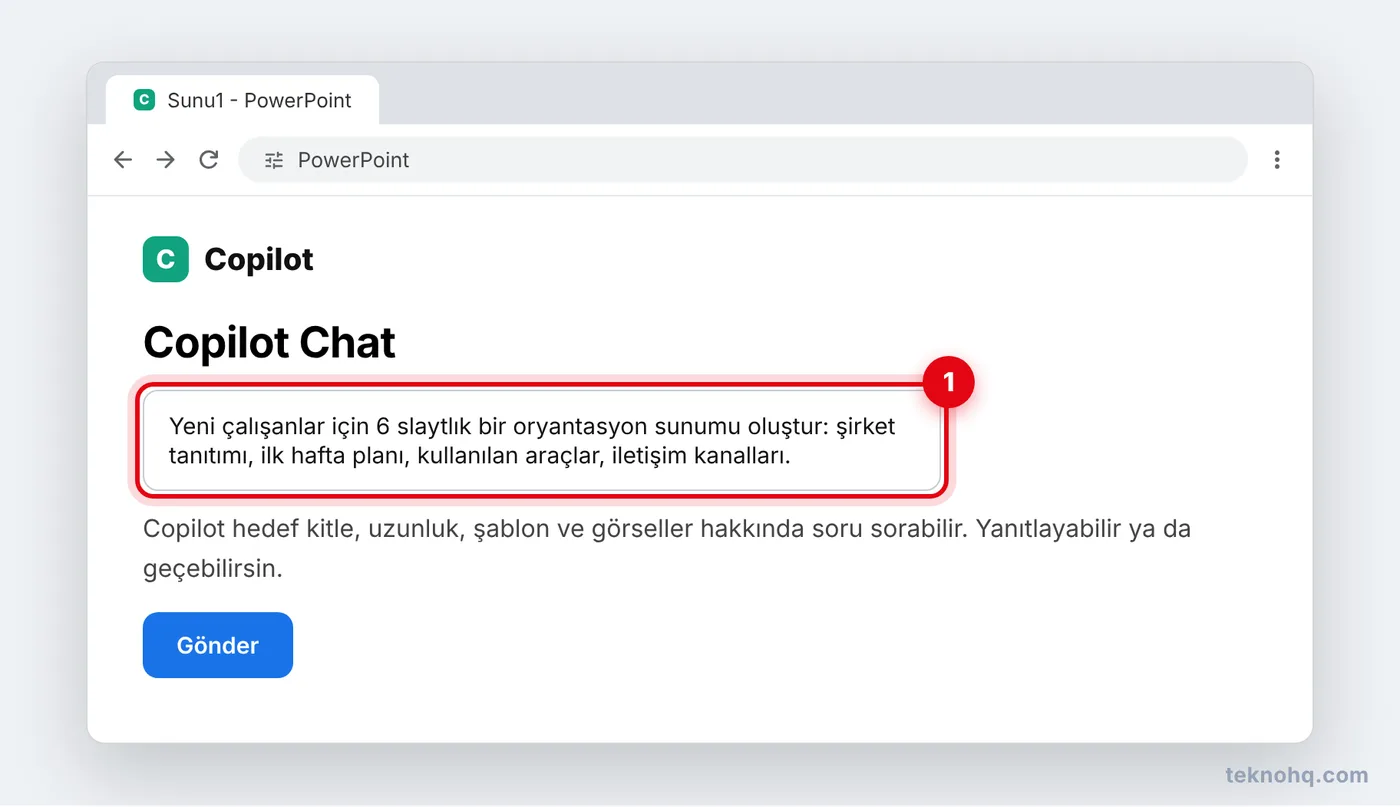 PowerPoint'te Copilot Chat paneli ve sunum istemi