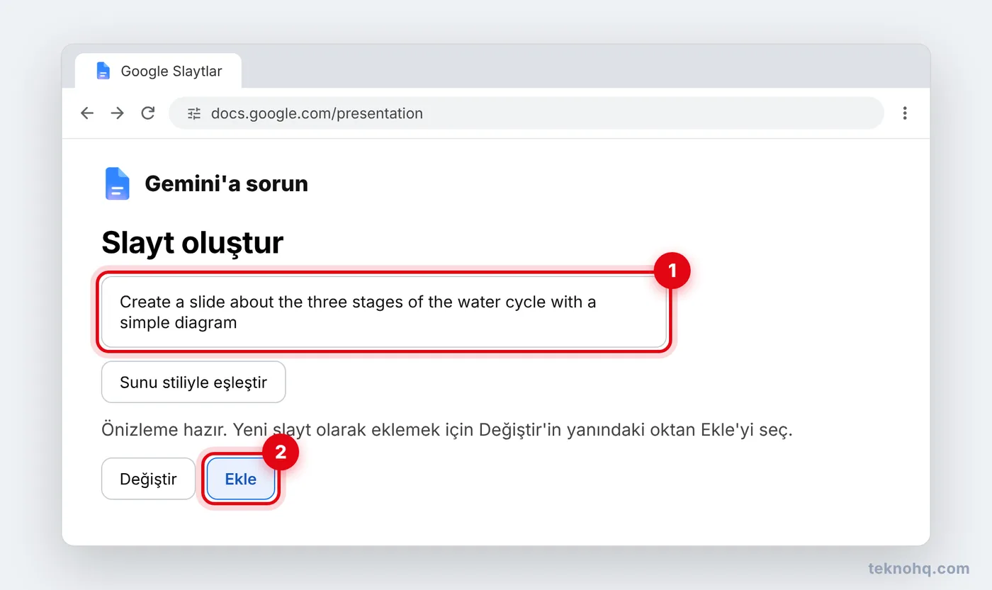 Google Slaytlar'da Gemini'a sorun paneli