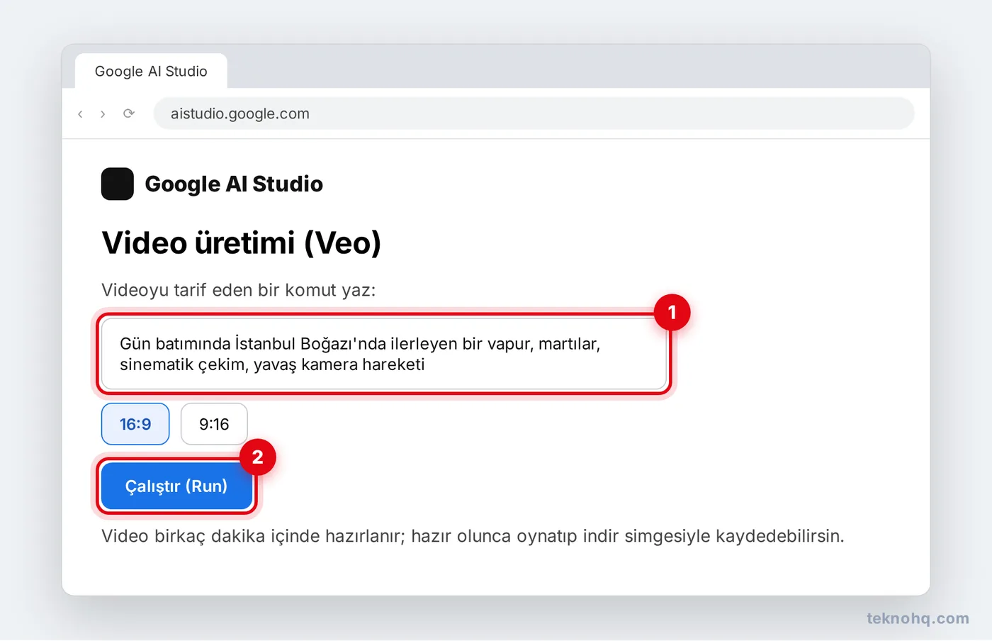 Google AI Studio'da video üretim ekranı: komut kutusu ve Çalıştır düğmesi