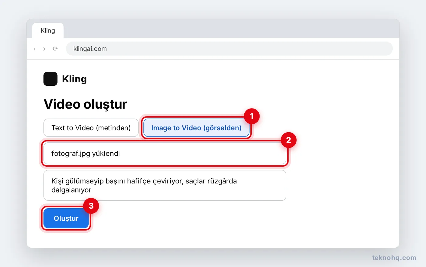 Kling'de görselden video (Image to Video) oluşturma ekranı